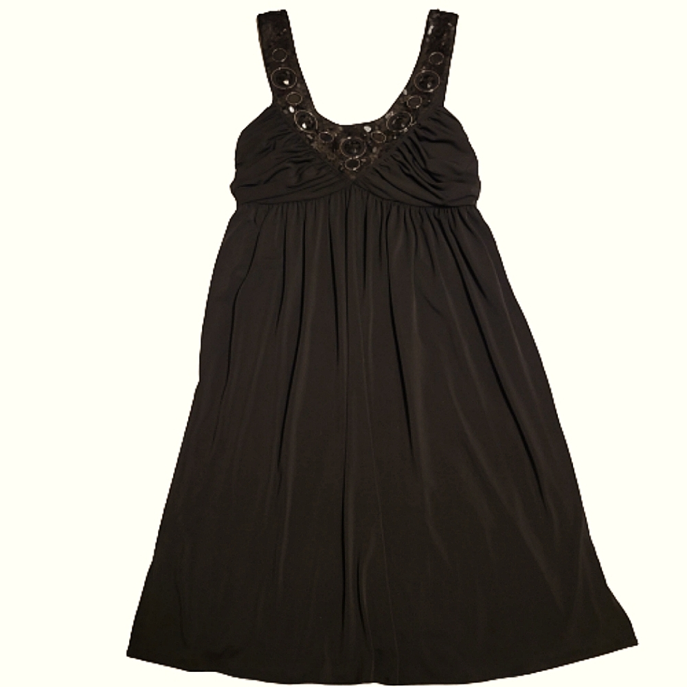 Maggy L womens little black dress knee length with sequins & ruched top size 8